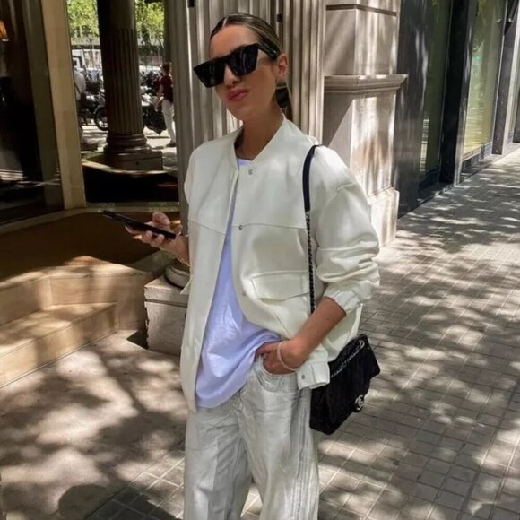 New Zara Oversized Linen Blend White Bomber Jacket Blogger Favorite NWT Medium - Picture 4 of 16